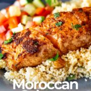 Pin Image: Moroccan salmon with couscous and salad with text overlaid
