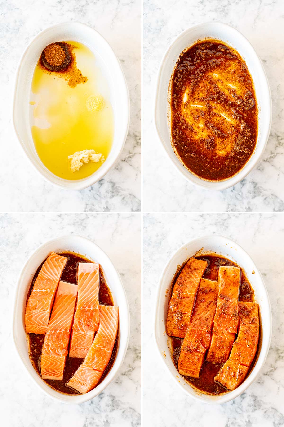 4 pictures show the stages of marinating Moroccan Salmon fillets