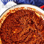 Pin Image: Chili sauce in red skillet with text overlaid