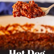 Pin Image: A serving spoon scooping hot dog chili sauce with text overlaid