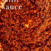 Pin Image: Chili sauce in red skillet with text overlaid