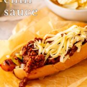Pin Image: Hot dog with chili and cheese with text overlaid