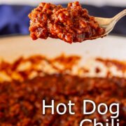 Pin Image: A serving spoon scooping hot dog chili sauce with text overlaid