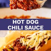 Pin Image: 2 pictures, a spoon of chili sauce and a chili dog with text overlaid