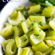 Pin Image: braised celery in a white dish with text overlaid