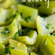 Pin Image: braised celery in a white dish with text overlaid