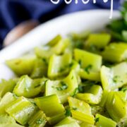 Pin Image: braised celery in a white dish with text overlaid
