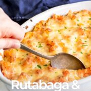 Pin Image: Cheese topped rutabaga casserole with text overlaid