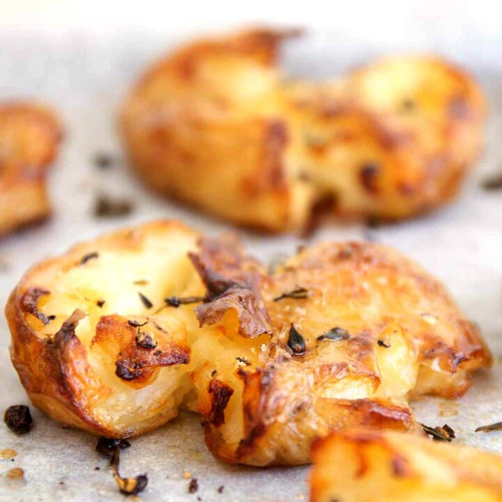 close up on the really crispy edges of a smashed potato