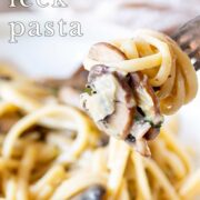 Pin Image: Small cream bowl of spaghetti with fork ready to eat with text overlaid