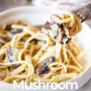 Pin Image: Small cream bowl of spaghetti with fork ready to eat with text overlaid