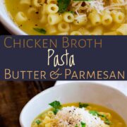 Pin Image: Ditalini pasta with broth in a white bowl with text overlaid