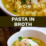 Pin Image: Ditalini pasta with broth in a white bowl with text overlaid