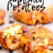 pin image: a crispy smashed potato with text overlaid