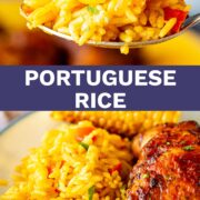 Pin Image: Two pictures of yellow rice with text overlaid in the middle