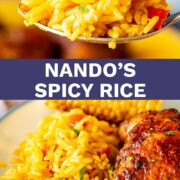 Pin Image: Two pictures of yellow rice with text overlaid in the middle