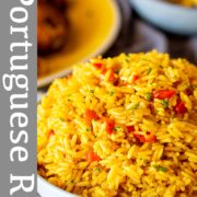 Pin Image: Portuguese rice in a blue bowl with text overlaid