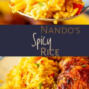 Pin Image: Two pictures of yellow rice with text overlaid in the middle