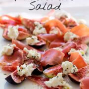 Pin Image: Fig, ricotta, and prosciutto salad on a white plate with text overlaid