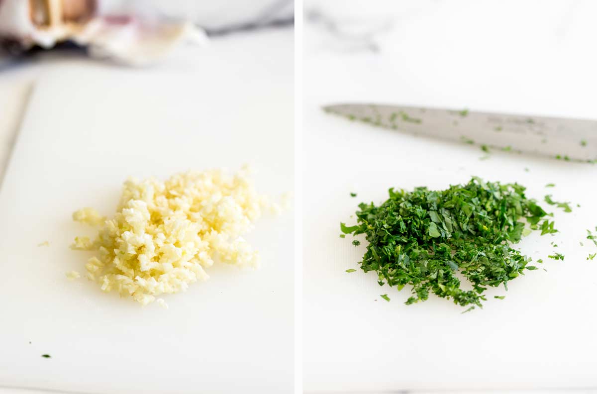 two pictures, one of minced garlic and one of chopped parsley
