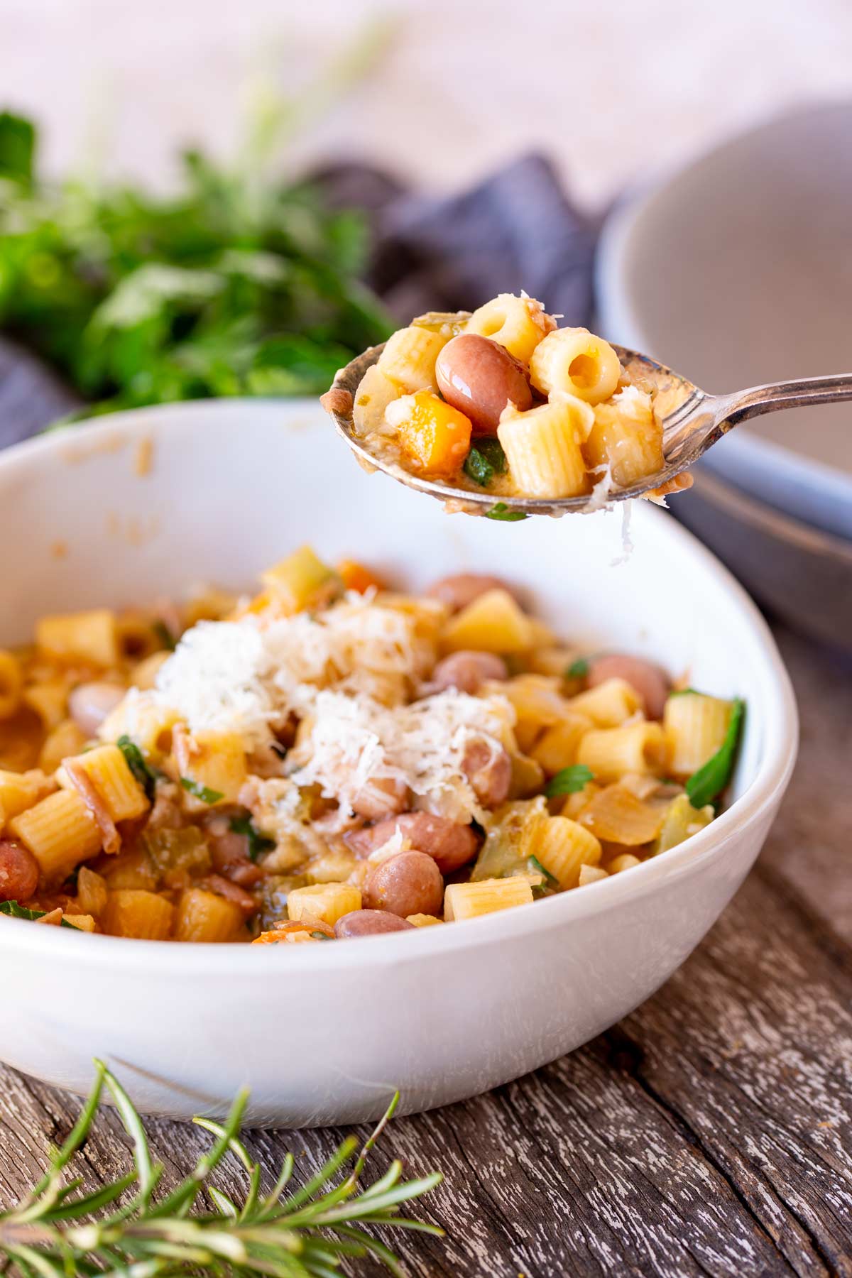 a metal spoon lifting up some pasta e Fagioli from a white bowl