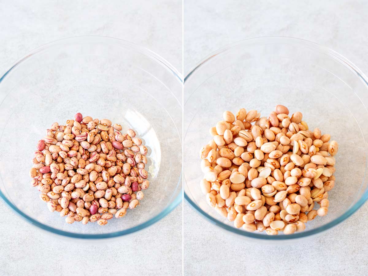 two pictures showing borlotti beans before and after soaking