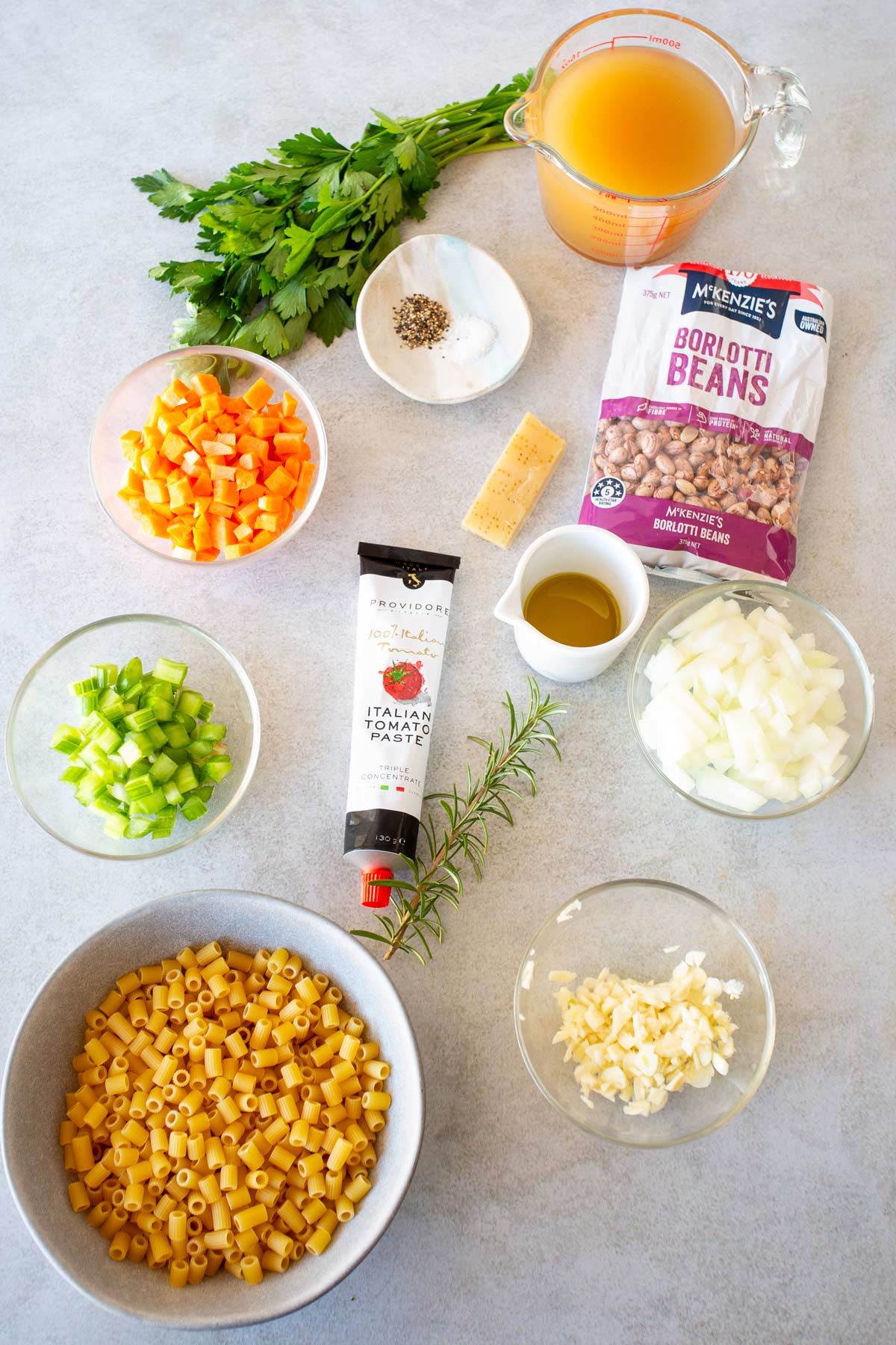 a flatlay showing the ingredients for Pasta e Fagioli