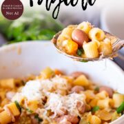 Pin Image: A spoon lifting some Pasta e Fagioli from a bowl with text overlaid