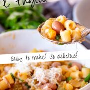Pin Image: A spoon lifting some Pasta e Fagioli from a bowl with text overlaid