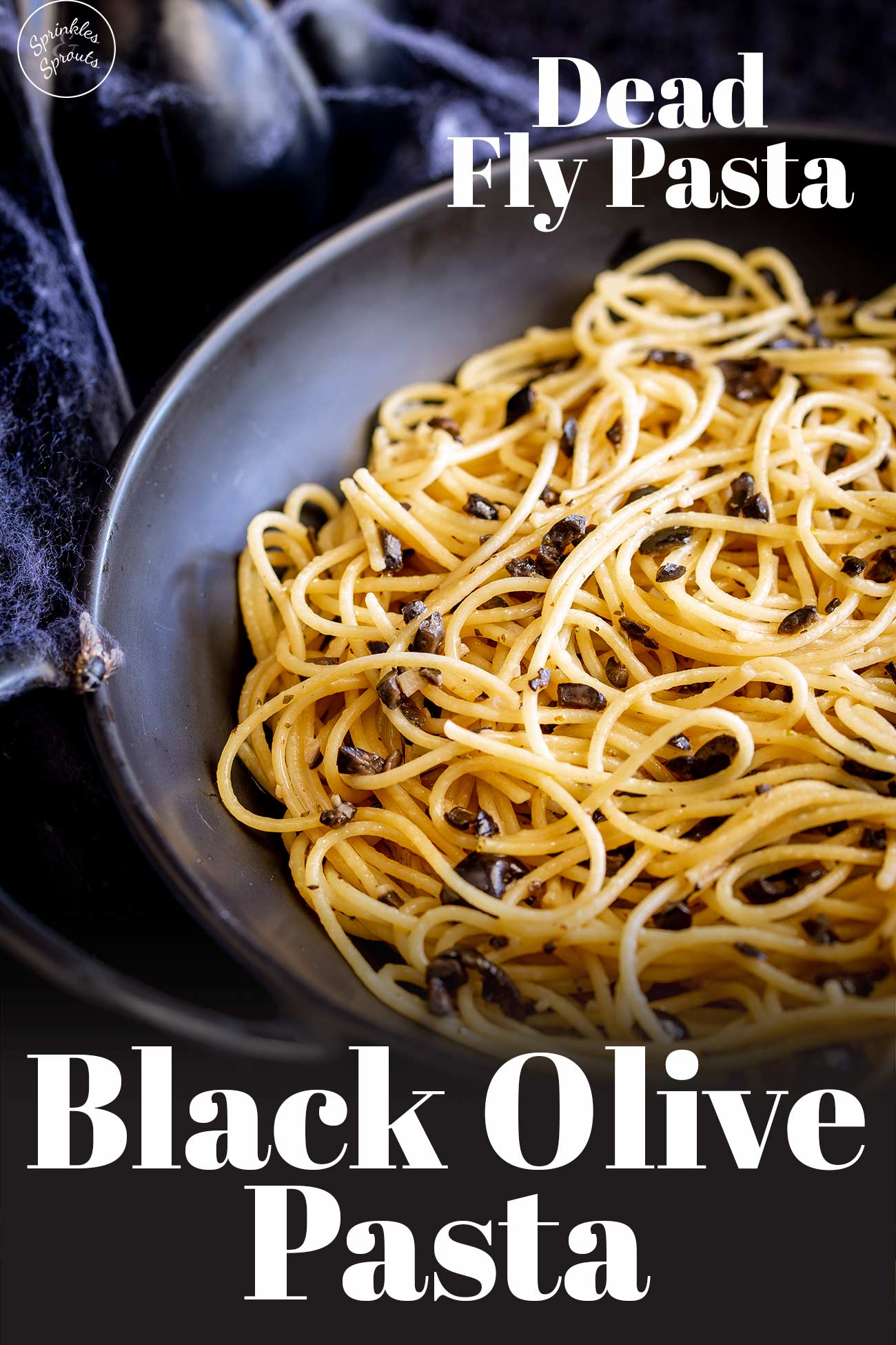 PINTEREST IMAGE: Black olive Pasta with text overlay