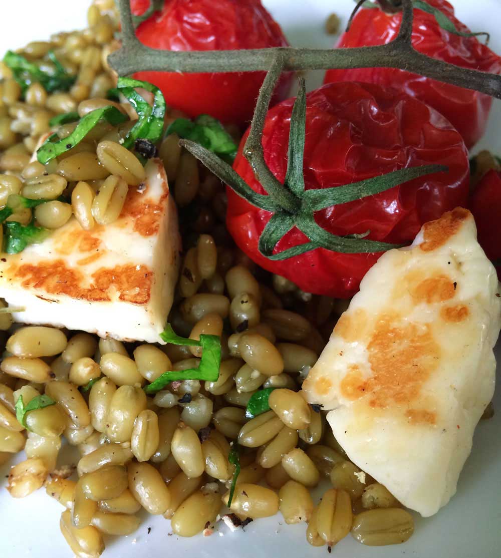 Freekeh with Roasted Tomatoes, Halloumi and a Lemon Dressing