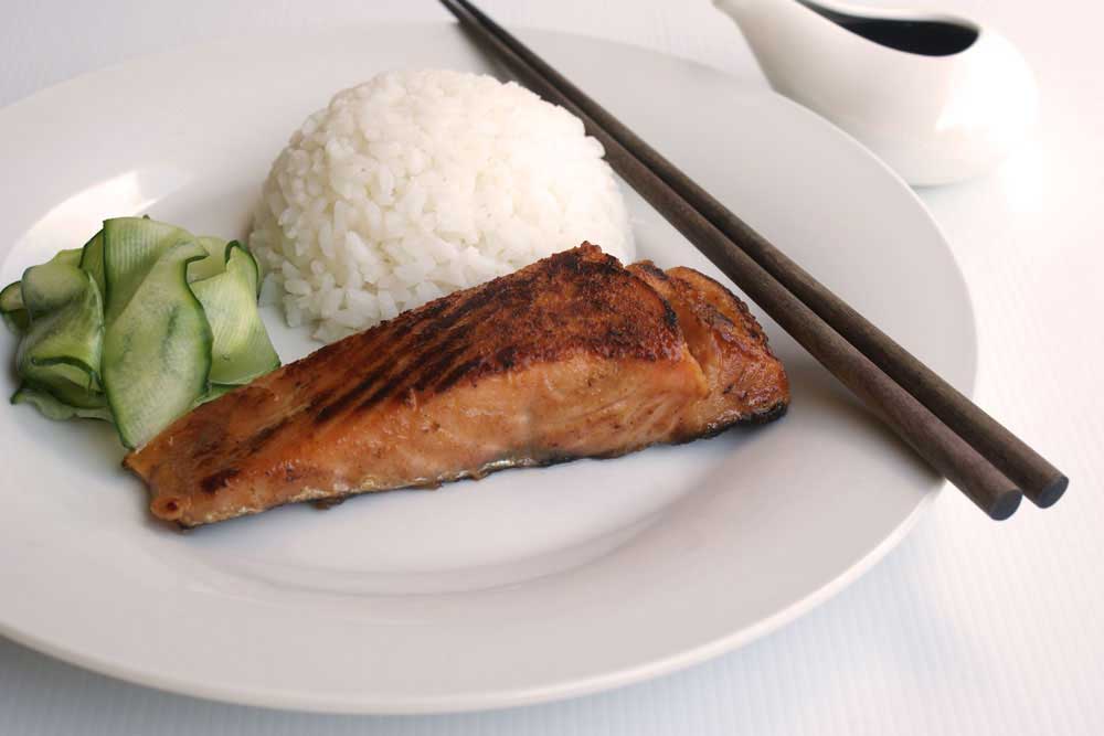 Miso Salmon with pickled cucumber and Japanese Rice