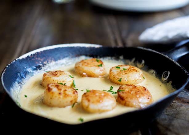 FEATURE IMAGE Showing 6 seared scallops in an old iron skillet with a creamy sauce over them.