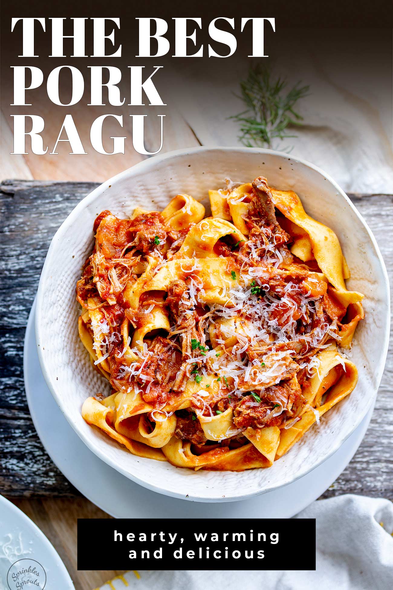 PINTEREST IMAGE: Pork Ragu Pasta with text overlay