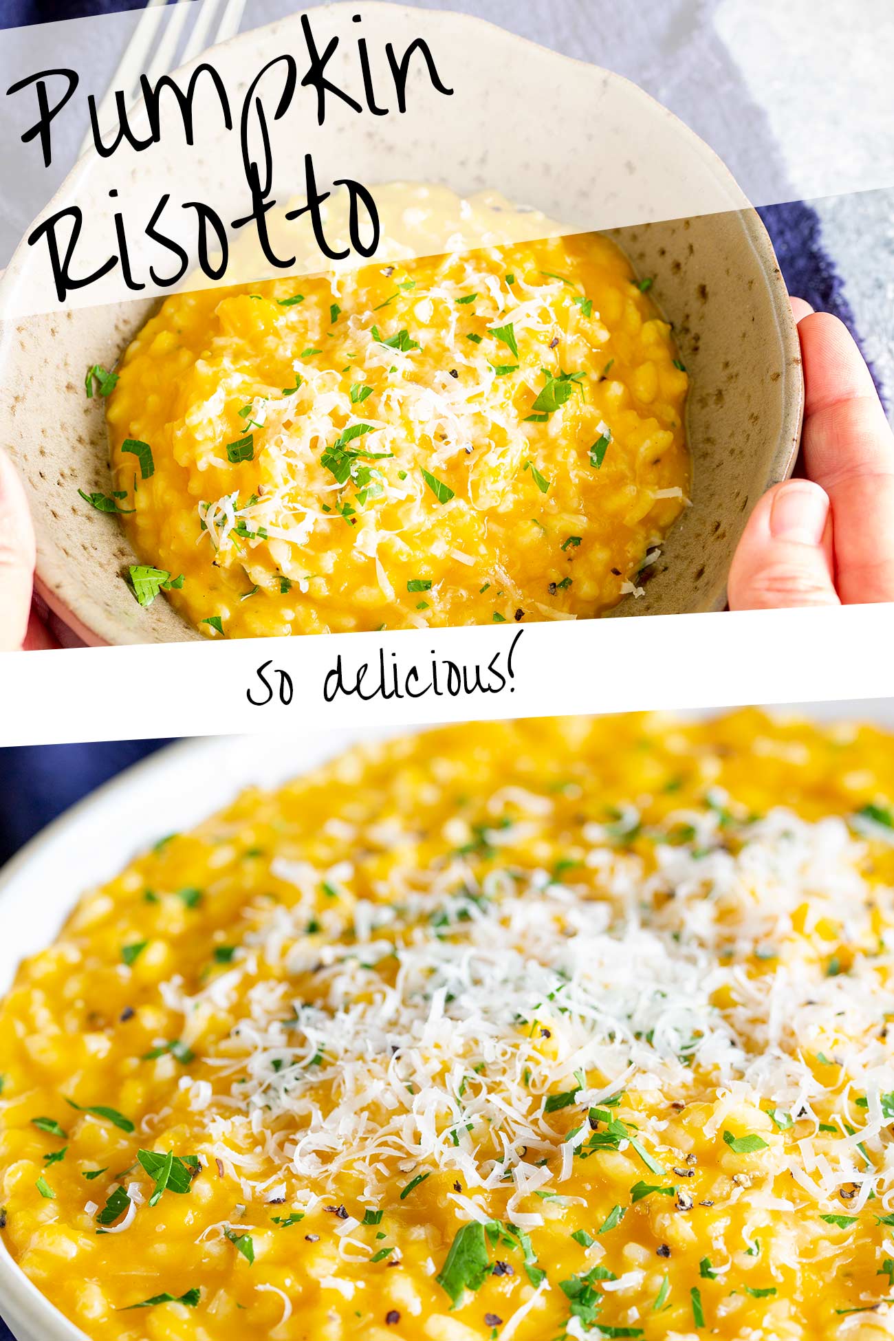 PINTEREST IMAGE - a bowl of pumpkin risotto with text overlay