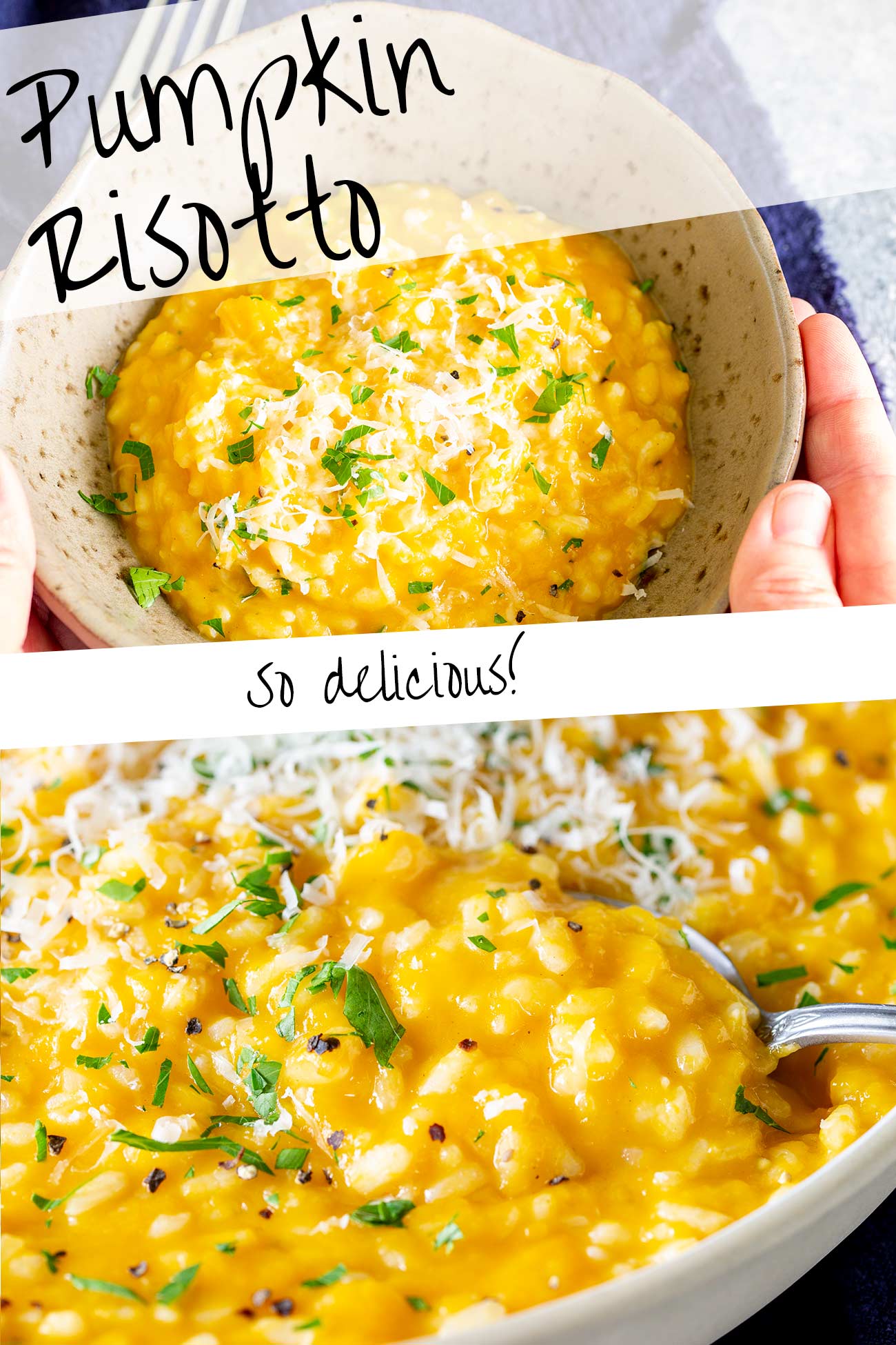 PINTEREST IMAGE - a bowl of pumpkin risotto with text overlay