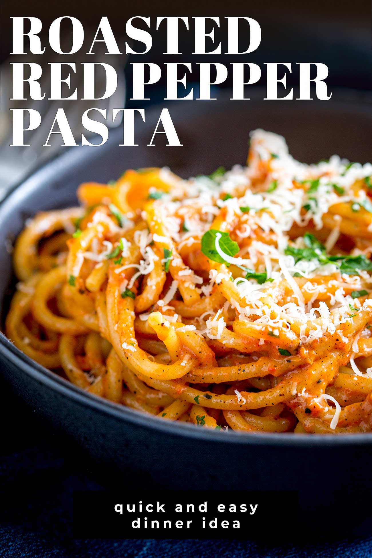 PINTEREST IMAGE: Red Pepper Pasta with text overlay