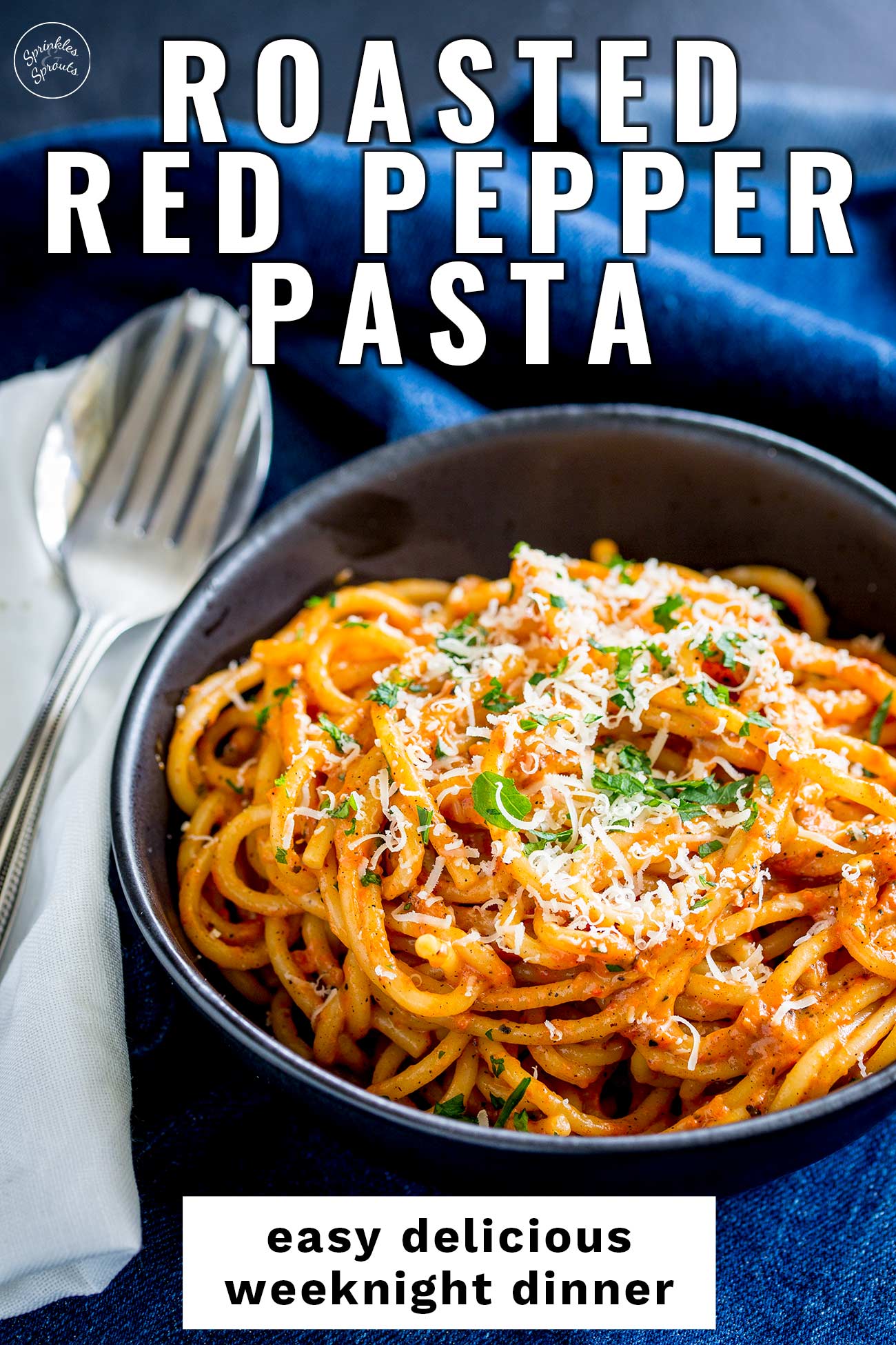 PINTEREST IMAGE: Red Pepper Pasta with text overlay