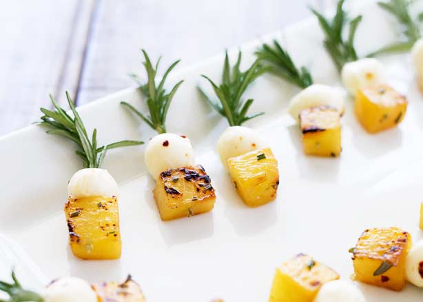 FEATURE IMAGE - Showing charred pineapple, chilli mozzarella on rosemary skewers