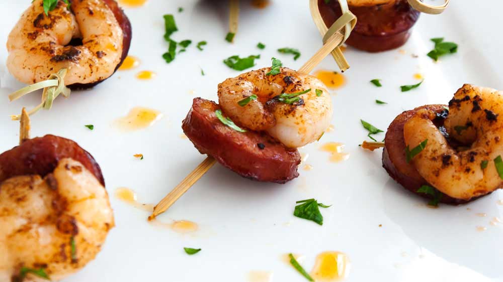 Chorizo and Prawn Skewers with a Creamy Lemon Dip. A delicious and simple appetiser that will be demolished in seconds.